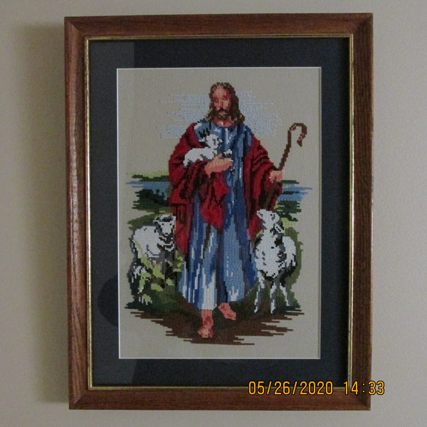 Cross Stitched picture of Jesus with Lambs