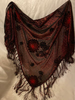 Red Roses on Black Metallic Triangular Kerchief, Neck Scarf or Hip Scarf