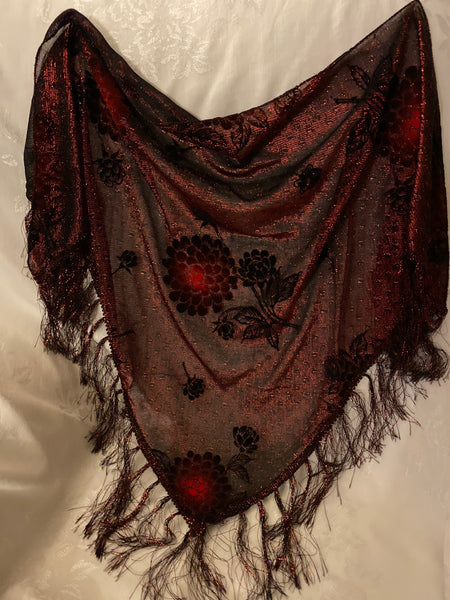 Red Roses on Black Metallic Triangular Kerchief, Neck Scarf or Hip Scarf