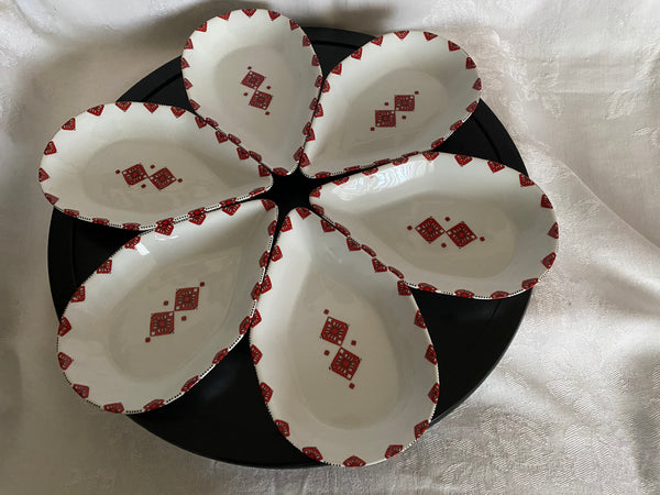 6 Piece Porcelain Servers on Wooden Turntable